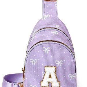 Purple trendy nylon crossbody bag with whimsical strawberry motifs, bows, polka